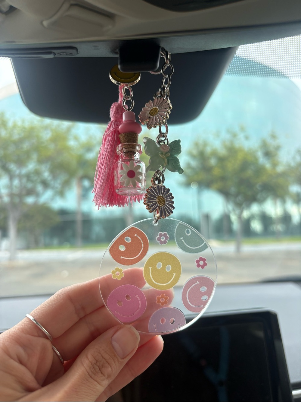 Smiley Acrylic Charm Keychain/ Car mirror charm with Pink Tassel
